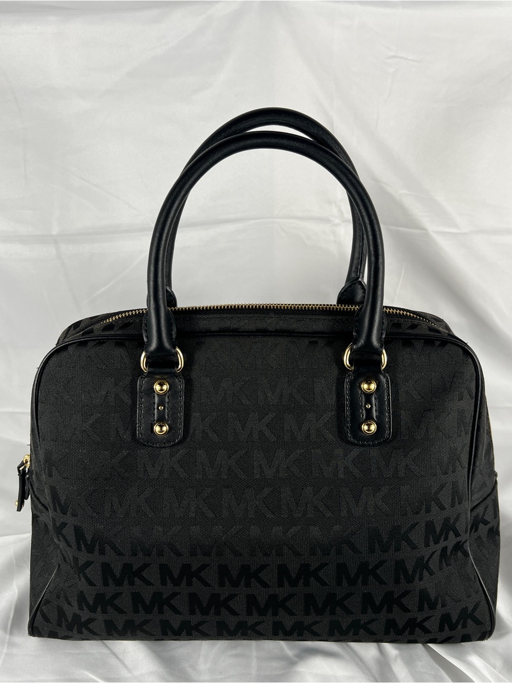 Michael Kors Black MK Signature Jacquard Satchel Bowler Bag Leather Trim Large - Picture 2 of 16